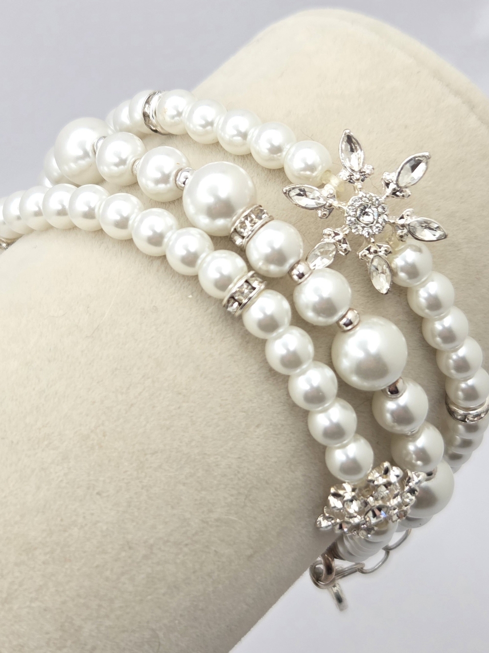 Anne Klein Faux Pearl Bracelet Set Trio Rhinestone Snowflake Charm Silver Tone